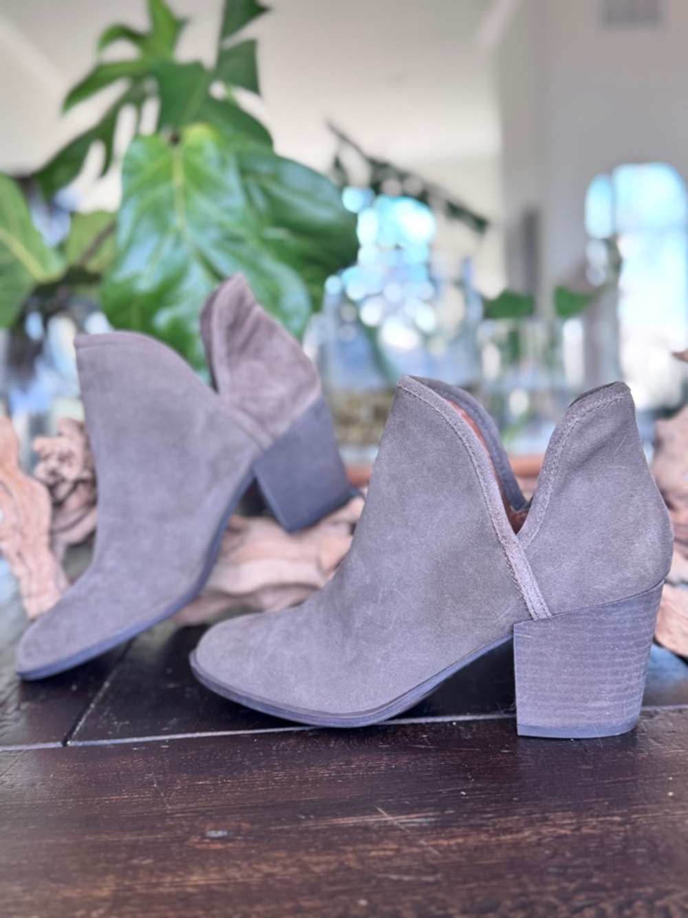 Lucky Brand Suede Ankle Booties in Taupe Gray